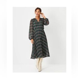 Ann Taylor Green Plaid Midi Dress
